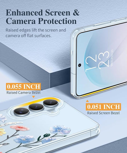 GVIEWIN for Samsung Galaxy S26 Plus Case, Clear Floral Slim Shockproof Protective Women Phone Case, Non-Yellowing, with Screen Protector&Camera Lens Protector for S26 Plus 6.7", Aconite/Light Blue