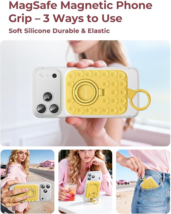 Syncwire Magnetic Suction Phone Mount for MagSafe, Silicone Octo Cup Buddy Sticky Grip Ring Holder, Hands-Free/Selfie/Video for TikTok & Instagram Influencer/Creator, iPhone Compatible,Sunshine Yellow