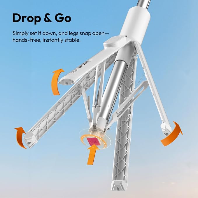ULANZI MT86 60" Automatic Phone Tripod Stand with Wireless Remote, Adjustable Auto‑Open Selfie Stick for iPhone Android, Portable Extendable Travel Tripod for Selfie/Vlogging, White