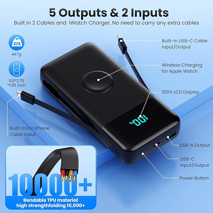 AONIMI Portable Charger 40800mAh Power Bank with 2 Built in Cables and Apple-Watch Charger, 25W PD Fast Charging USB C Battery Pack, 5 Output 2 Input Phone Charger for iPhone 17/16/15,Android
