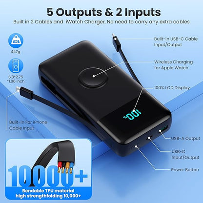 AONIMI Portable Charger 40800mAh Power Bank with 2 Built in Cables and Apple-Watch Charger, 25W PD Fast Charging USB C Battery Pack, 5 Output 2 Input Phone Charger for iPhone 17/16/15,Android