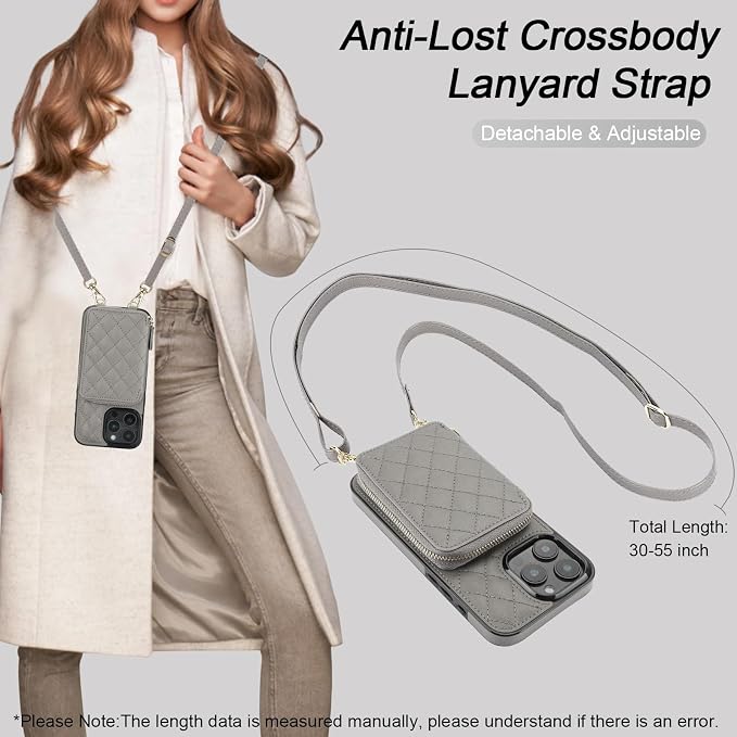 Bocasal Crossbody Wallet Case for iPhone 16 Pro Max, RFID Blocking PU Leather Zipper Handbag Purse Flip Cover, Kickstand Folio Case with Card Slots Holder Wrist Strap Lanyard 5G 6.9 Inch (Grey)