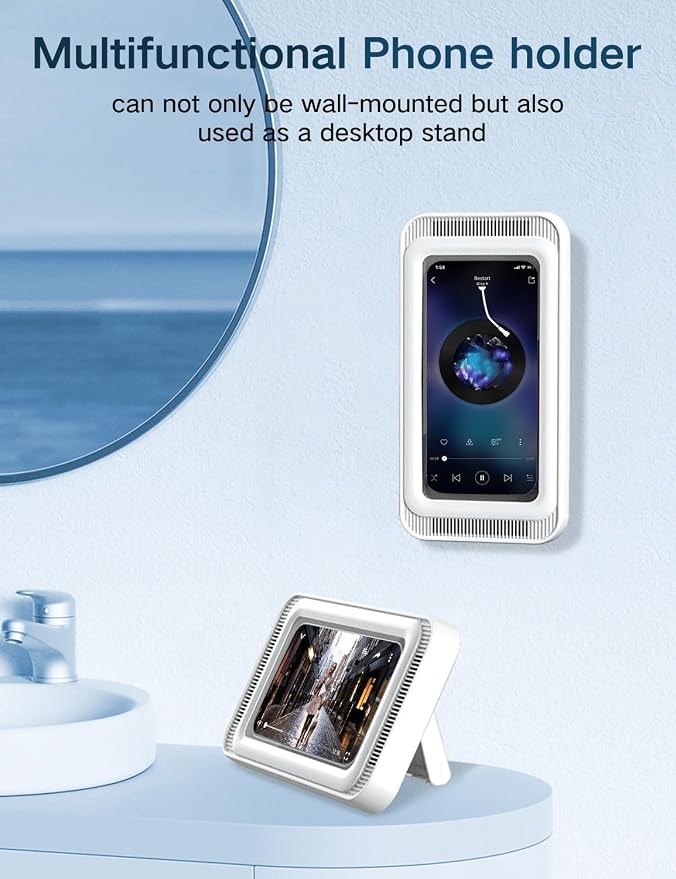 Kairiyard Shower Phone Holder Waterproof, Speaker Holes 360° Rotatable Retractable Anti-Fog High Sensitivity Clear Sound Wall Mounted Phone Case for Bathroom Mirror Bathtub Kitchen, Up to 7 Inch