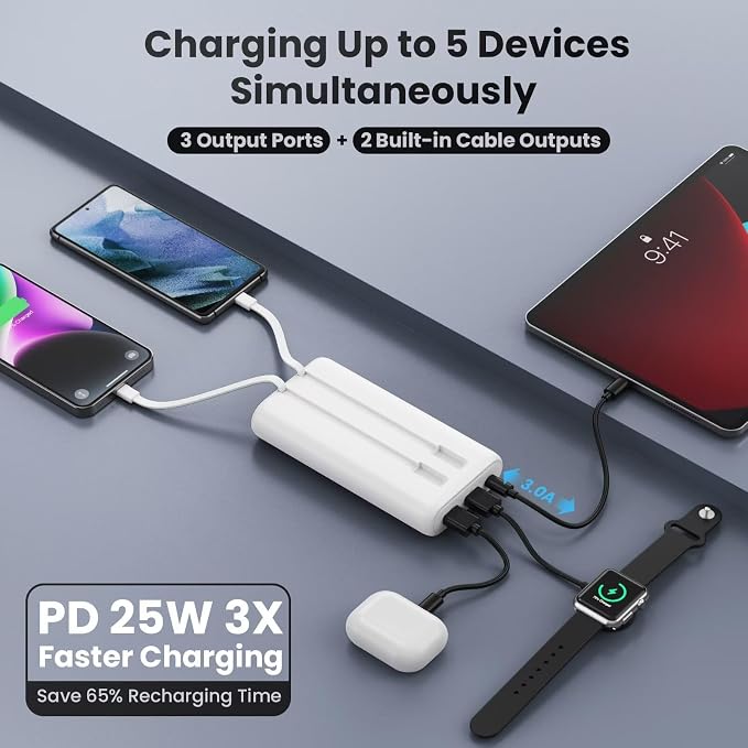Ekrist Upgraded Portable Charger 40800mAh Power Bank - Portable Battery with 2 Built in Cables,PD 25W USB C Fast Charging Battery Pack Compatible with iPhone 17 16 15 14 13 Android Phone etc-White