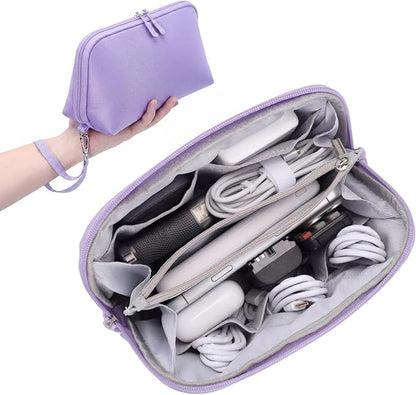 FYY Travel Cable Organizer - 8 Compartments, Lightweight, Water Repellent | With Wrist Strap, Portable Tech Pouch for Cord Charger, Travel and Business Trips Use, Soft Shell Nylon, Purple (Large)