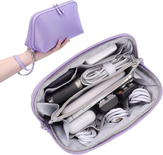 FYY Travel Cable Organizer - 8 Compartments, Lightweight, Water Repellent | With Wrist Strap, Portable Tech Pouch for Cord Charger, Travel and Business Trips Use, Soft Shell Nylon, Purple (Large)