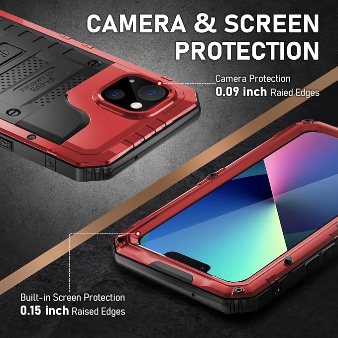 Beasyjoy for iPhone 13 Case Waterproof, Metal Phone Case with Built-in Screen Protector, Heavy Duty Full Body Protective Military Grade Shockproof Rugged Defender Cover 6.1 Inch, Red