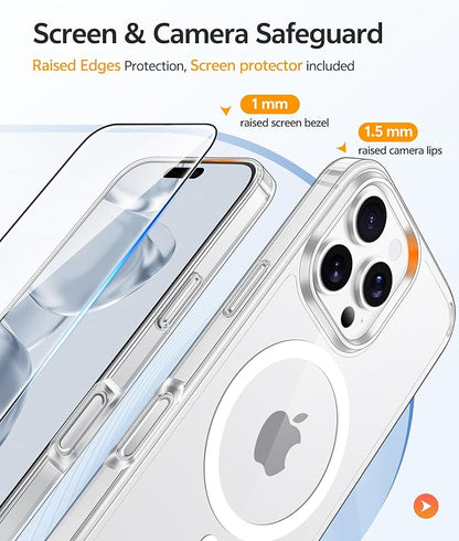 FNTCASE for iPhone 16 Pro Case, Fit for Magsafe, Screen Protector Clear | Anti Yellowing Magnetic Back, 14FT Military Grade Drop Protection, Shockproof Protective Phone Cover, Transparent