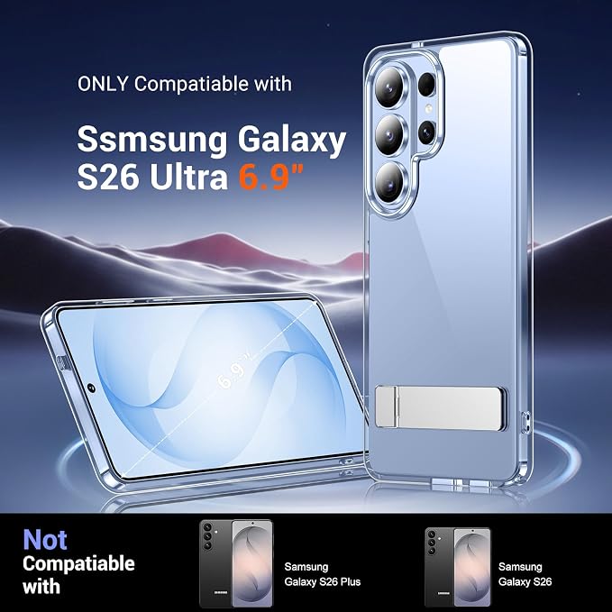 Temdan Designed for Samsung Galaxy S26 Ultra Case,[Built in Hidden Kickstand][Military Grade Drop Protection] [Never Yellowing] Slim Thin Phone Case for Galaxy S26 Ultra Case 6.9"- Crystal Clear