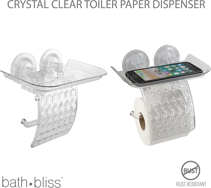 Bath Bliss Suction Cup Toilet Paper Dispenser | Power Lock Suction Mount | Phone and Wipes Holder Tray | Not Tools Required |Smooth Surfaces Only | Tile | Glass | Metal | Plastic | Bathroom | Clear