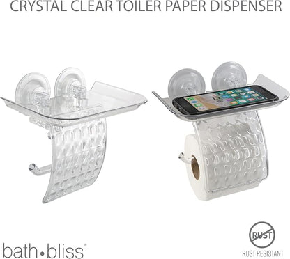 Bath Bliss Suction Cup Toilet Paper Dispenser | Power Lock Suction Mount | Phone and Wipes Holder Tray | Not Tools Required |Smooth Surfaces Only | Tile | Glass | Metal | Plastic | Bathroom | Clear