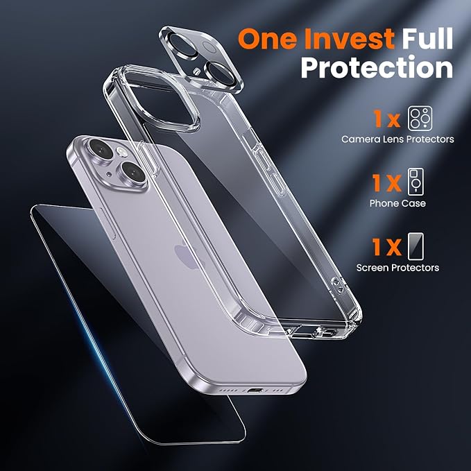 3 in 1 for iPhone 14 Case Clear,[Yellowing-Resistant Acrylic Back] Screen Protector *1 & Camera Lens Protector*1, Shockproof for iPhone 14 Phone Case 6.1 inch Clear