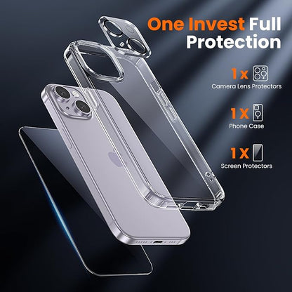 3 in 1 for iPhone 14 Case Clear,[Yellowing-Resistant Acrylic Back] Screen Protector *1 & Camera Lens Protector*1, Shockproof for iPhone 14 Phone Case 6.1 inch Clear