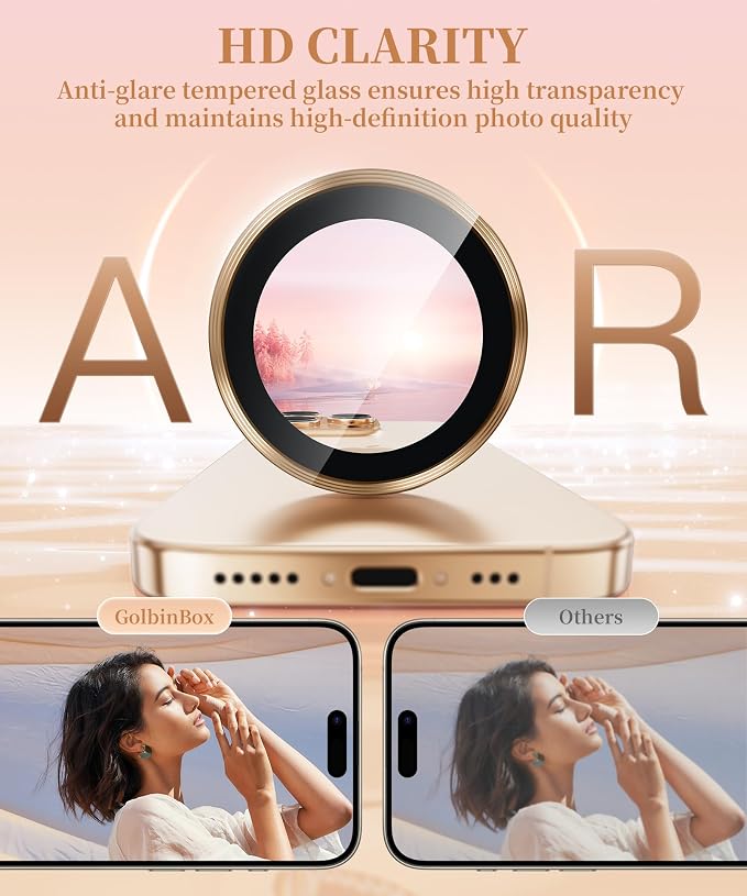 GolbinBox Camera Lens Protector for iPhone 17 Pro Max/17 Pro/16 Pro Max/16 Pro, 1:1 Invisible Fit, 9H Tempered Glass Ultra HD Metal Individual Camera Cover, Case Friendly, Desert Gold