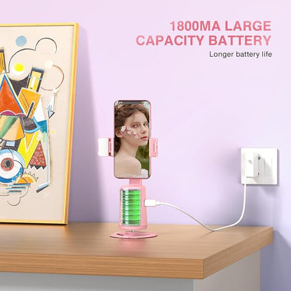 Auto Face Tracking Tripod 360° Rotating Cell Phone Photo and Video Kits Stand, No App, Camera Stand with Remote and Gesture Control, Rechargeable Smart Shooting Stand for Live Recording Tiktok（Pink）