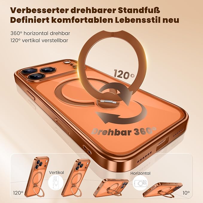 GolbinBox for iPhone 17 Pro Case with 360° Spin Magnetic Stand,[Compatible with Magsafe] [Military Protection][Built-in Ring Holder] Camera Control Phone Case for 17 Pro,Cosmic Orange/Clear