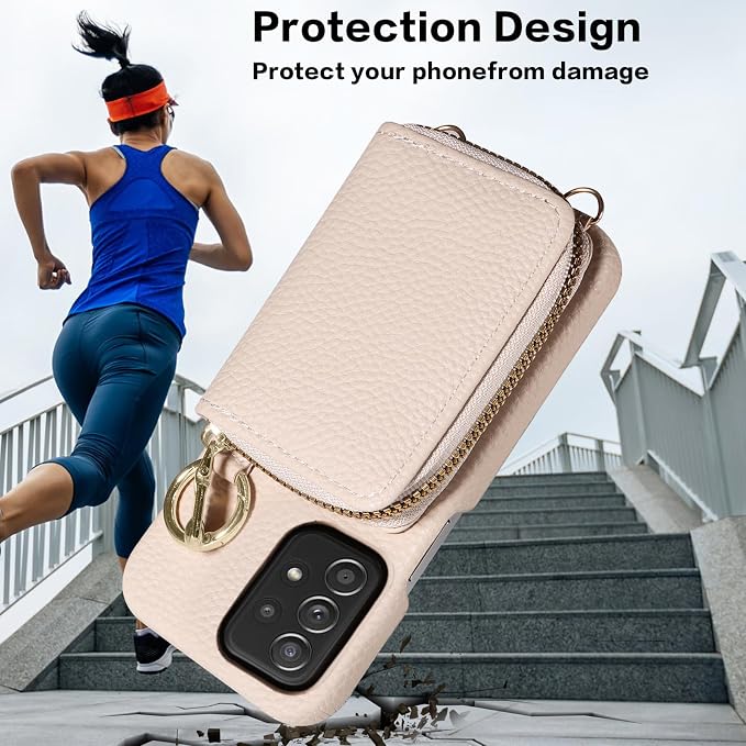 Wallet Case for Samsung Galaxy A52/A52S 5G with Shoulder Strap Ring Buckle, PU Leather Zipper Organ Purse, Credit Card Holder Stand Cell Phone Cover for A 52 S 4G G5 52A S52 52S Women Men White