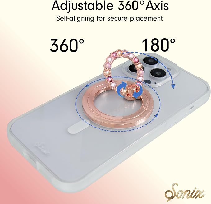 Sonix Magnetic Phone Grip and Phone Ring Holder - Compatible with MagSafe - Rotatable Kickstand and Phone Holder for iPhone 16, 15, 14, 13, 12 Series - Rose Gold/Multi Rhinestone
