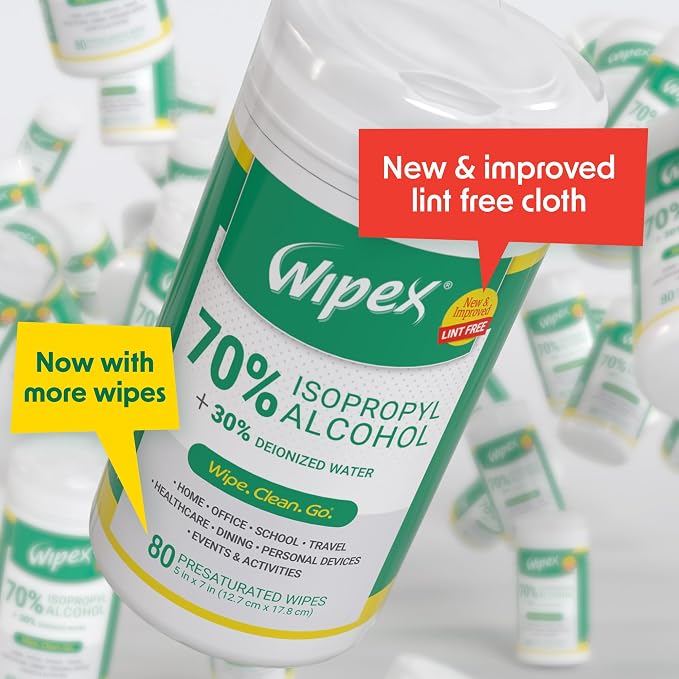 Wipex Alcohol Wipes with 70% Isopropyl Alcohol, 80 CT Lint-Free Cloth in Sealed Canister to clean Surfaces, Electronics, Computer Screens, Glasses, 80 Count (Pack of 1)
