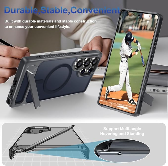 for Samsung Galaxy S25 Ultra Case with Screen Protector+Lanyard Wrist Strap,Magnetic Translucent Matte Rugged Slim Phone Cover Built in Invisible Kickstand [Fit for MagSafe],2025 Black