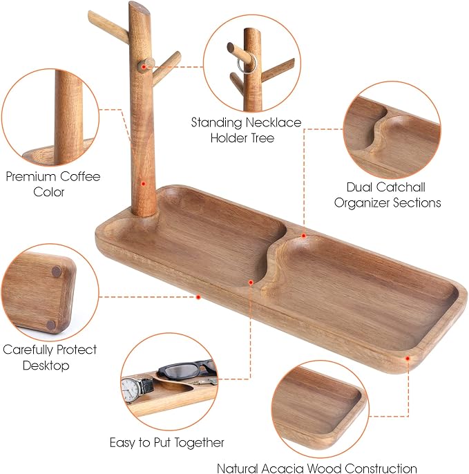 Wood Key Tray for Entryway Table, Jewelry Tray, Catchall Tray with 3 Stand Hanging Organizer, for Rings, Phone, Bracelets Watches