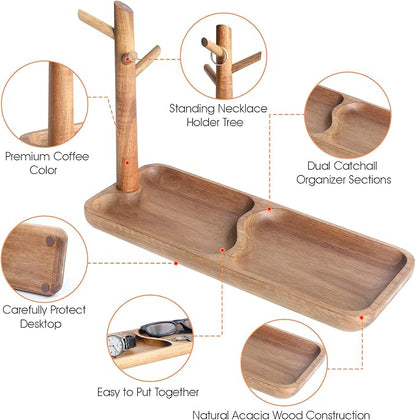 Wood Key Tray for Entryway Table, Jewelry Tray, Catchall Tray with 3 Stand Hanging Organizer, for Rings, Phone, Bracelets Watches