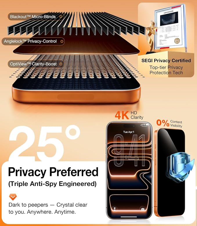 UltraGlass TOP 9H+ Armor for iPhone 17 Pro Max Privacy Screen Protector [NO.1 Military Grade Shatterproof] Privacy Screen 17 Pro Max Tempered Glass 17 ProMax [100% Anti-Spy] Longest Durable, 2 Pack