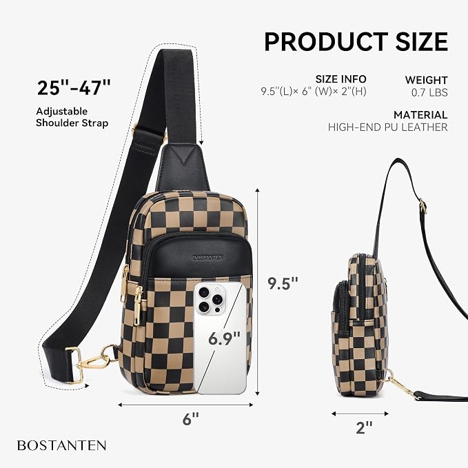 BOSTANTEN Sling Bag Quilted Crossbody Bags for Women Cross Body Purse Leather Fanny Pack with Adjustable Guitar Strap