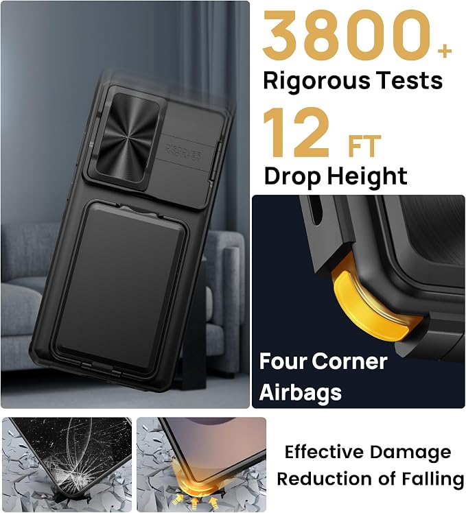 SSLOTSCASE for Samsung Galaxy S25 Ultra Case with 2X Screen Protector, HD Clarity Anti-Scratch, Card Holder & Kickstand & Slide Camera Lens Cover, Rugged Shockproof Phone Cover for S25 Ultra, Black