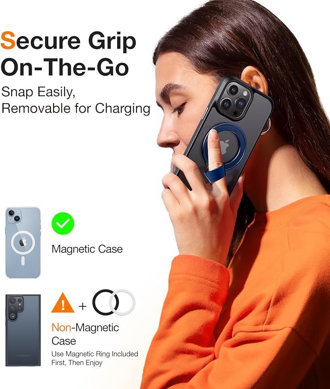 TORRAS 2025 Upgrade (Gen 6.0) Magnetic Phone Grip Holder Kickstand with Braided Strap, Fit for MagSafe Ring Removable, for iPhone 17 16,15, 14, 13 12 Samsung Galaxy, Google, Ostand Ring, Navy Blue