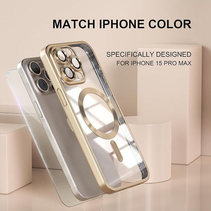 Misea Magnetic for iPhone 15 Pro Max Case [Never Yellowing] [Military Grade Drop Protection] Full Camera Lens Protector Soft Clear Phone Case for Women Girls, Titanium Gold