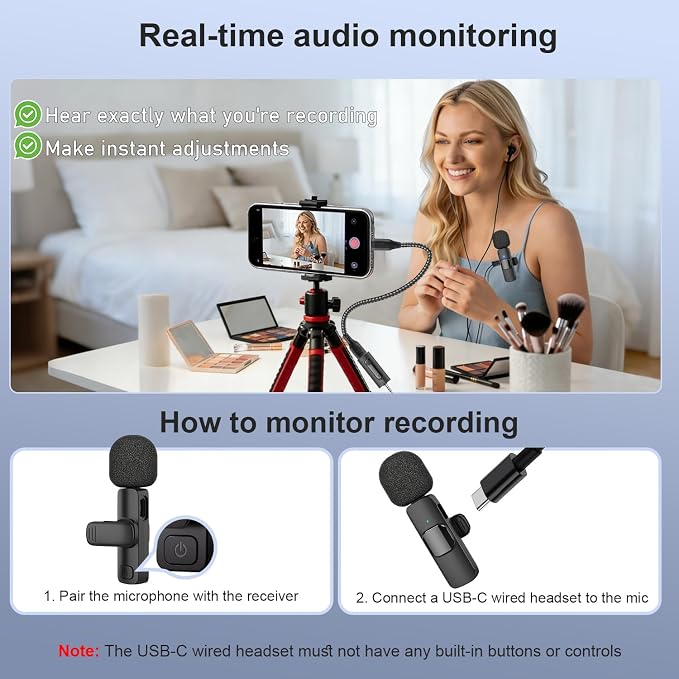 2-Pack Wireless Mini Lavalier Lapel Microphone for iPhone,Android Device(4 in 1) - 65ft Cordless Clip on Dual Mics with Noise Reduction 6H Working Time for Video Recording Vlogging, YouTube, Interview