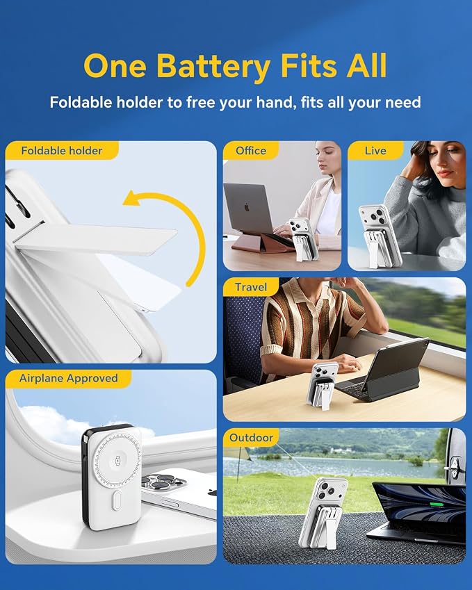 DR.HILL Magnetic Battery Pack Real Capacity 10000mAh, 22.5W Fast Charging Portable Charger with Built-in Cables & AC Wall Plug, Foldable Stand Power Bank for Apple Watch Phone 17/16/15/14/13 (White)