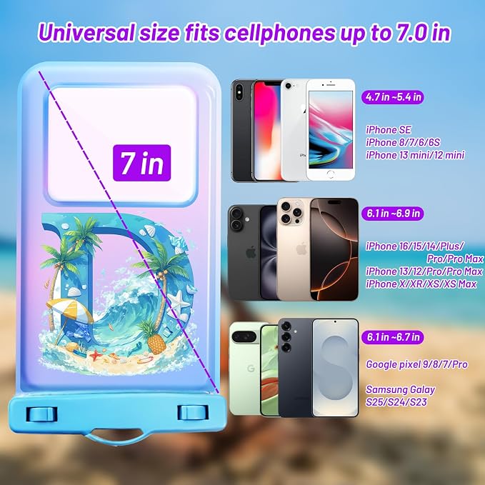 Personalized Initial Waterproof Phone Pouch Case - IPX8 Cellphone Dry Bag with Lanyard for iPhone 16/15/14/13/12 Pro Max (6.1–6.9"), Beach & Cruise Ship Essentials with Monogrammed Design (Blue, D)