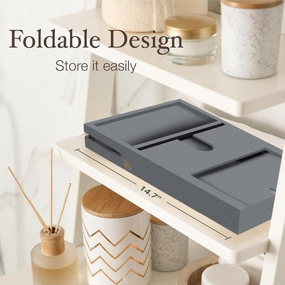 Wooden Bathtub Tray - Foldable and Expandable Bamboo Bath Tray for Tub with Wine Holder, Book and Tablet Stand - Bath Caddy Tray for Bathtub, Spa Bath Accessories, Tub Tray Table (Charcoal Gray)
