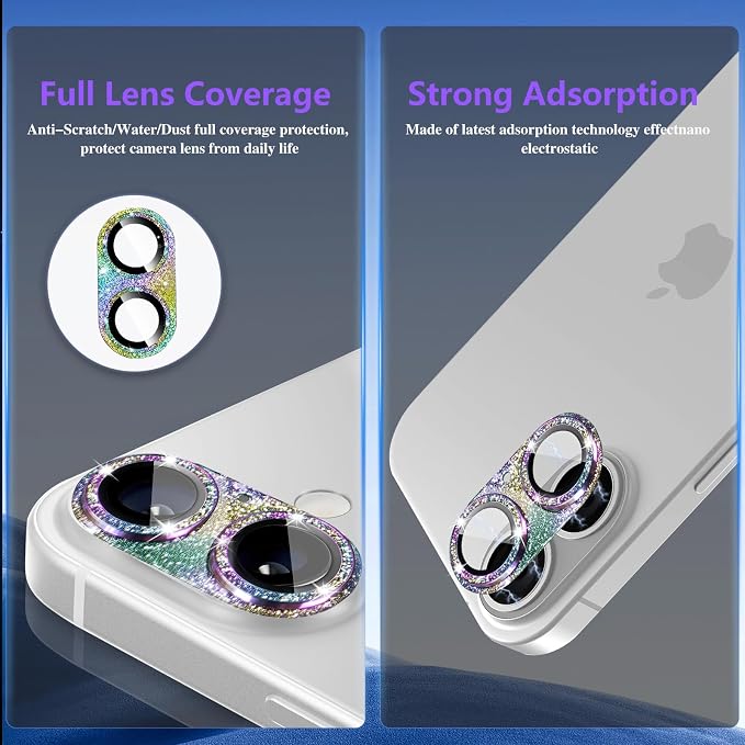 Camera Lens Protector for iPhone 16/iPhone 16 Plus, Bling Glitter Camera Cover with 9H Tempered Glass Metal Ring, Anti-Scratch Camera Protector for iPhone 16/iPhone 16 Plus (Glitter -Colorful)