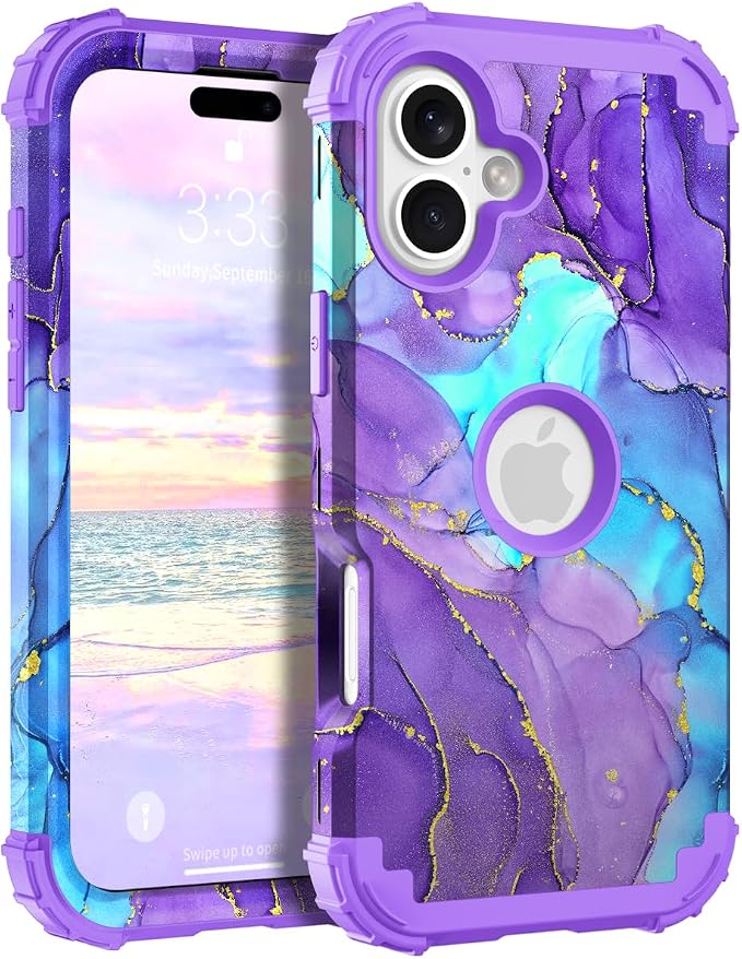 Hocase for iPhone 16 Case 6.1", Heavy Duty Shockproof Protection Soft Silicone Rubber+Hard Plastic Bumpers Hybrid Protective Case for iPhone 16 2024 - When Purple Meets Blue