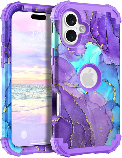 Hocase for iPhone 16 Case 6.1", Heavy Duty Shockproof Protection Soft Silicone Rubber+Hard Plastic Bumpers Hybrid Protective Case for iPhone 16 2024 - When Purple Meets Blue