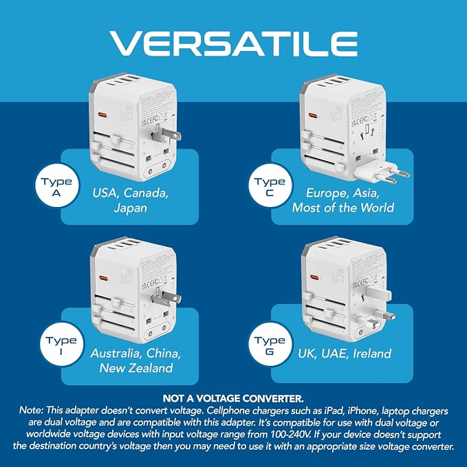 Ceptics 45W Universal Power Adapter w/ 3 USB-C, 2 USB-A & Universal Input | Travel Adapter Worldwide for USA, EU, UK, AU & more, Type A, C, G & I Plugs, PD 45W USB-C Universal Adapter, 6 in 1 design