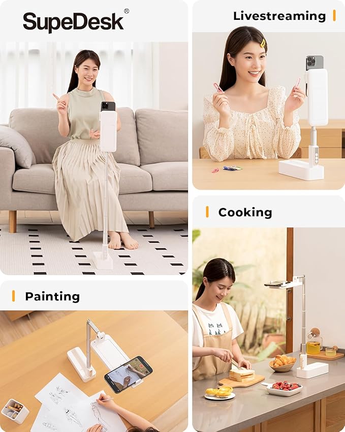 Phone Stand for Recording, Overhead Phone Mount with Light, Selfie Stand,Portable,Extendable,360° Rotate,Adjustable,Wireless Remote,Rechargeable, for 3.5-6.9" Phones, Live Streaming, White