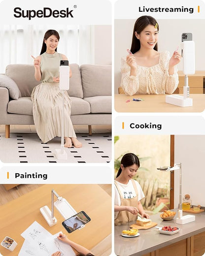 Phone Stand for Recording, Overhead Phone Mount with Light, Selfie Stand,Portable,Extendable,360° Rotate,Adjustable,Wireless Remote,Rechargeable, for 3.5-6.9" Phones, Live Streaming, White