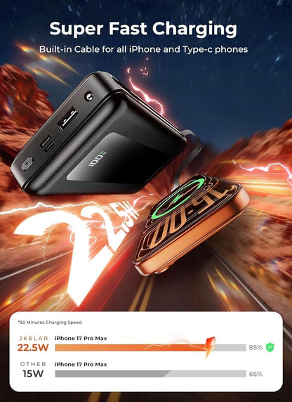 Power Bank, 50000mAh Portable Charger, Travel Camping Essential Battery Pack with Built-in Cables, PD 22.5W Fast Charging, Large Capacity Portable Phone Charger, Jet Black