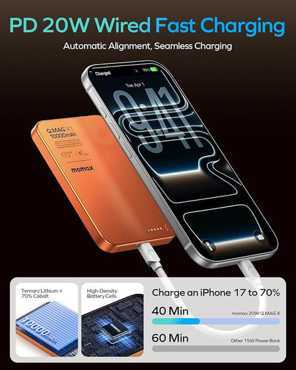 MOMAX Magnetic Wireless Power Bank 10000mAh, Ultra-Slim 0.5" MagSafe-Compatible Portable Charger, 20W USB-C PD Fast Charging, for iPhone 17/16/15/14/13/12 Series, Samsung Galaxy & Google Pixel