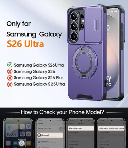 JAME for Samsung Galaxy S26 Ultra Case, Ring Holder Stand Kickstand, Slide Camera Cover with Screen Protector, Dual-Layer Shockproof Protective Magnetic Accessory Friendly S26 Ultra Phone Case, Purple