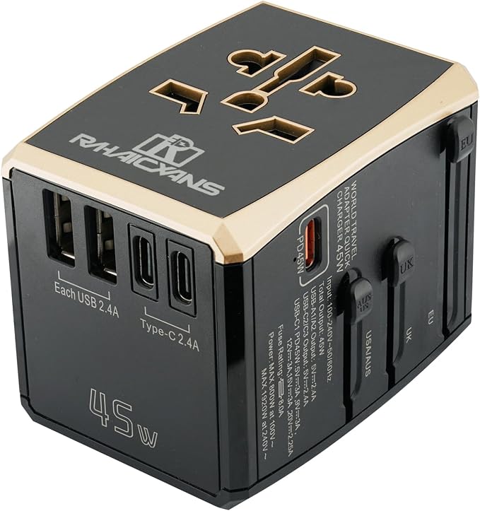 International Power Adapter 45W with 5-Port (3x USB-C + 2x USB-A) Wall Charger for 150+ Countries - Compact Universal Travel Plug Adapter for USA, EU, UK, AU, Asia