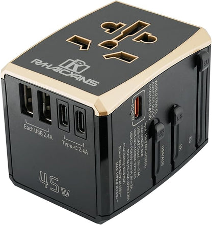 International Power Adapter 45W with 5-Port (3x USB-C + 2x USB-A) Wall Charger for 150+ Countries - Compact Universal Travel Plug Adapter for USA, EU, UK, AU, Asia