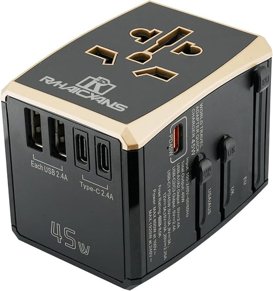 International Power Adapter 45W with 5-Port (3x USB-C + 2x USB-A) Wall Charger for 150+ Countries - Compact Universal Travel Plug Adapter for USA, EU, UK, AU, Asia