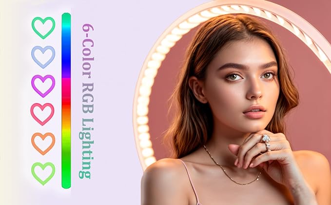 Heart Ring Light, 13" Desk Ring Light with Extendable Selfie Stick Stand for Laptop Video Conference Lighting with Phone Holder Height Adjustable 47 Color Modes for Live Stream/Makeup Compatible