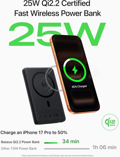 Baseus Picogo AM52 MagSafe Power Bank, Qi2.2 25W 10,000mAh Magnetic Portable Charger, 0.6" Slim 45W USB-C Fast Charging Alloy Wireless Battery Pack, Travel Essential for iPhone 17/16/15/14/13/12 Only