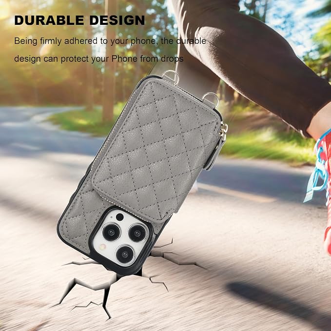 Bocasal Crossbody Wallet Case for iPhone 15 Pro, RFID Blocking PU Leather Zipper Handbag Purse Flip Cover, Kickstand Folio Case with Card Slots Holder Wrist Strap Lanyard 5G 6.1 Inch (Grey)